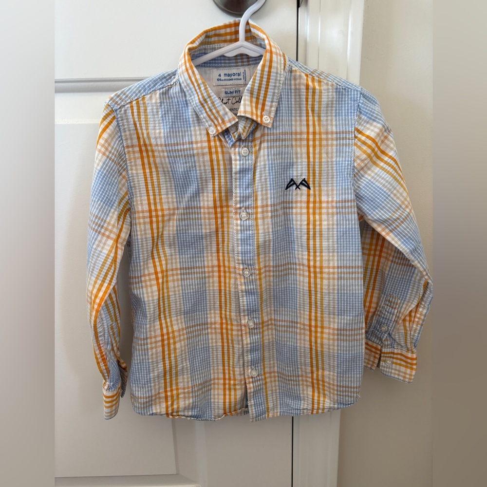 Boys Mayoral Long Sleeve Button Down Plaid Shirt Slim Fit Size 4